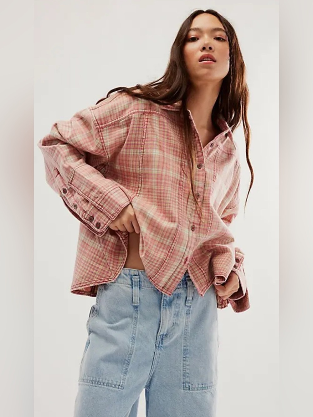 We the Free People Remade Plaid Top Red Combo Printed Flannel Crop Shirt Top XS
